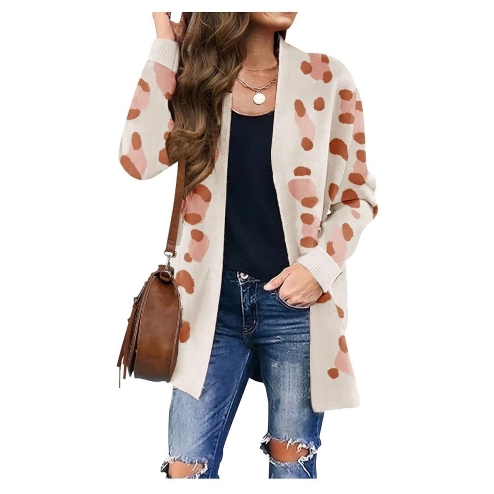 Women Fall Winter Long Sleeves Open Front Leopard Print Knitted Sweater Cardigan